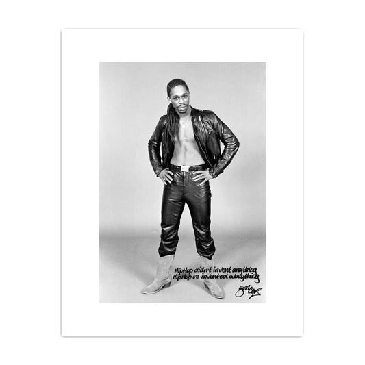 Posed Studio Shot of Grandmaster Caz of the Cold Crush Brothers, Wearing Leather Jacket and Pants